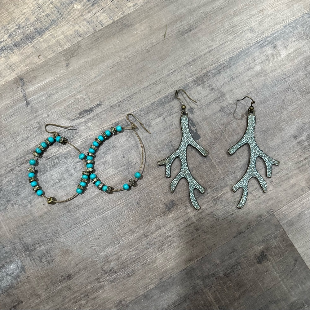 Turquoise Beaded Hoop‎ and Coral Shape Earrings